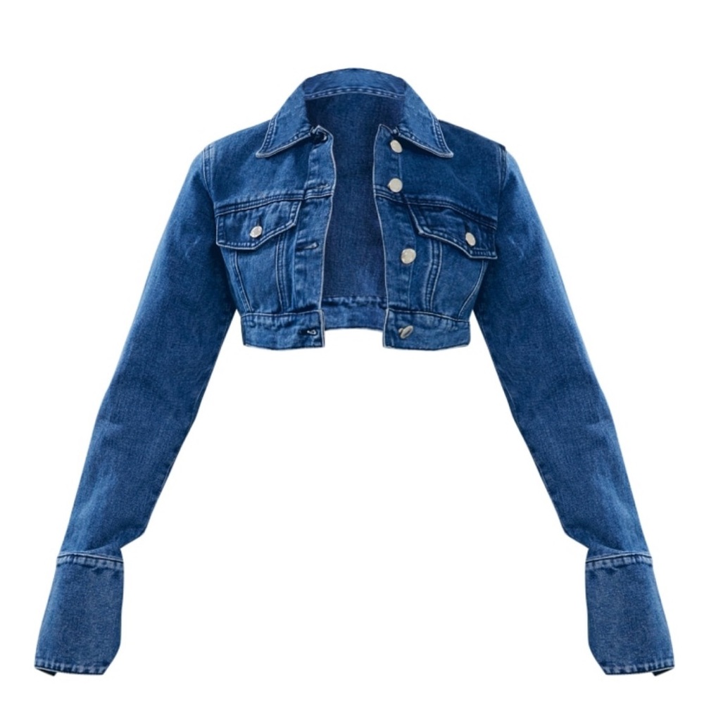 PLT PrettyLittleThing :  Mid Blue Wash Denim Cuff Detail Cropped Jacket